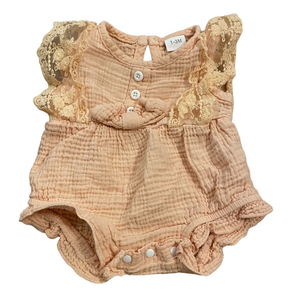 Newborn Baby Girl Romper Photo Shoot Outfit Pink Tan Lace 1-3 m 4/$20 🛑